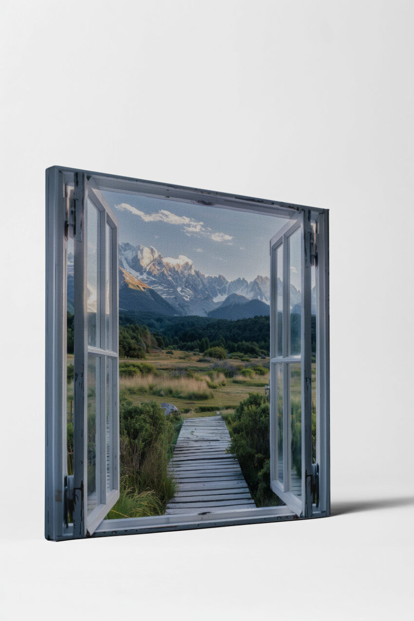 Fotografie Poster Gebirgspanorama offenes Fenster klar