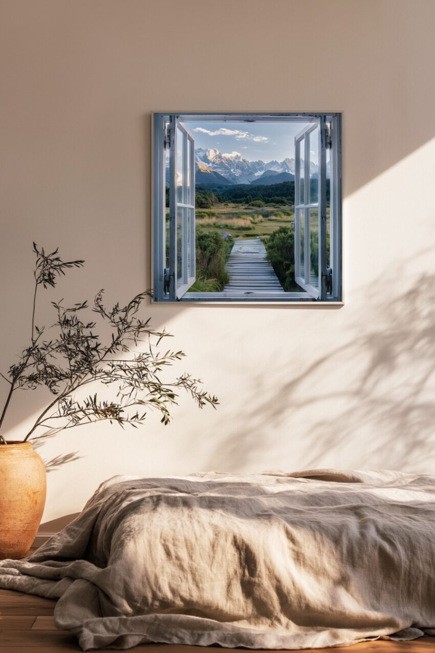 Fotografie Poster Gebirgspanorama offenes Fenster klar