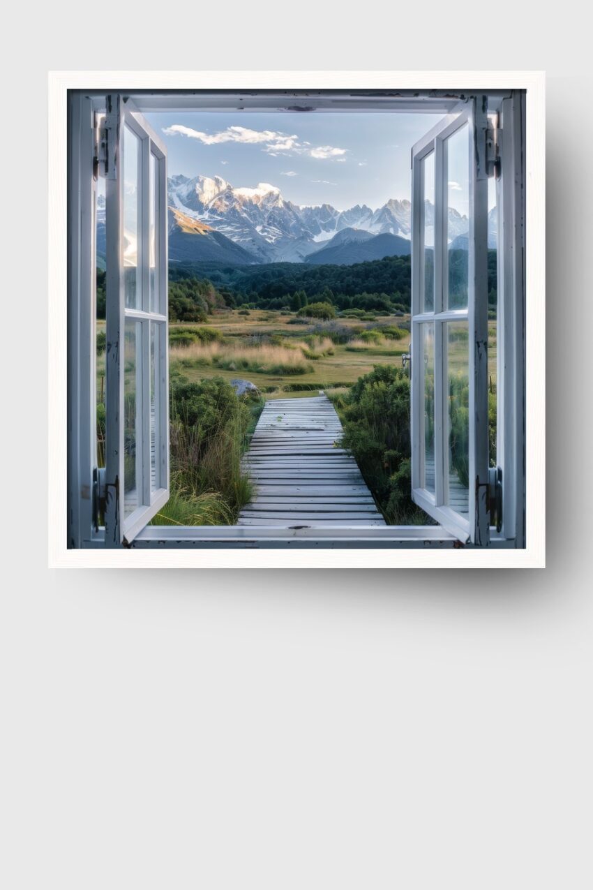 Fotografie Poster Gebirgspanorama offenes Fenster klar