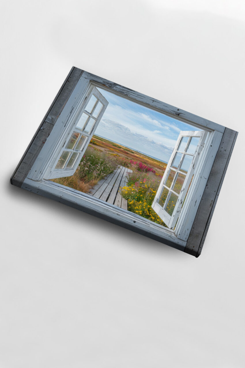 Fotografie Poster Fenster Blumenwiese farbenfroh Holzweg