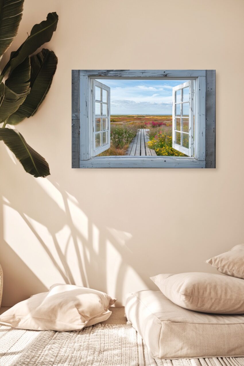 Fotografie Poster Fenster Blumenwiese farbenfroh Holzweg