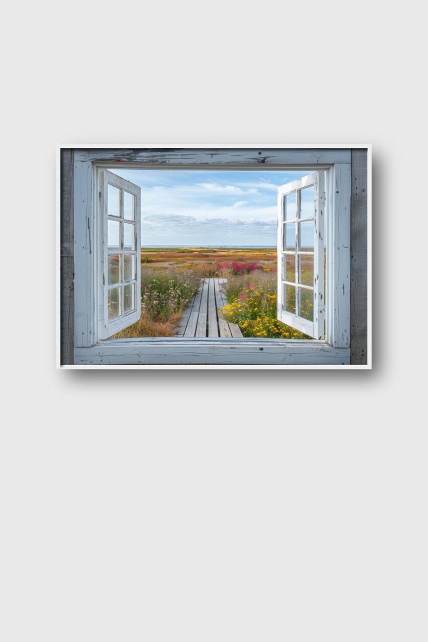 Fotografie Poster Fenster Blumenwiese farbenfroh Holzweg