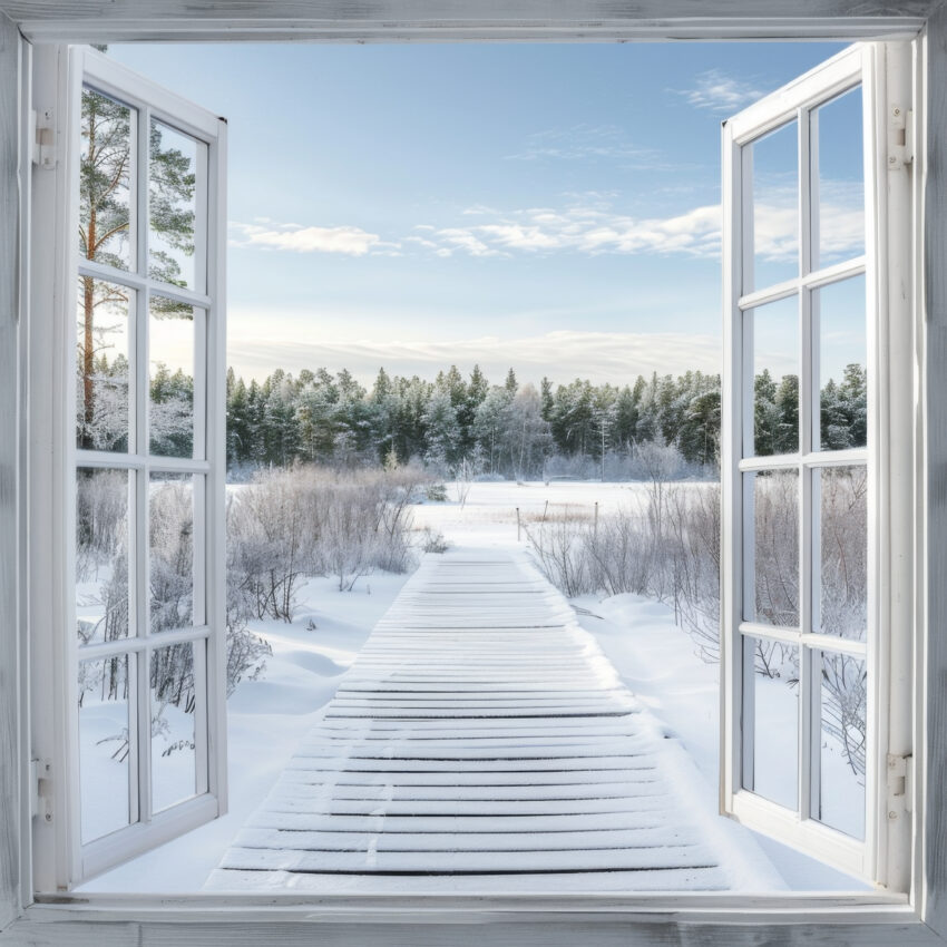 Fotografie Poster Winterweg verschneit offen Fenster