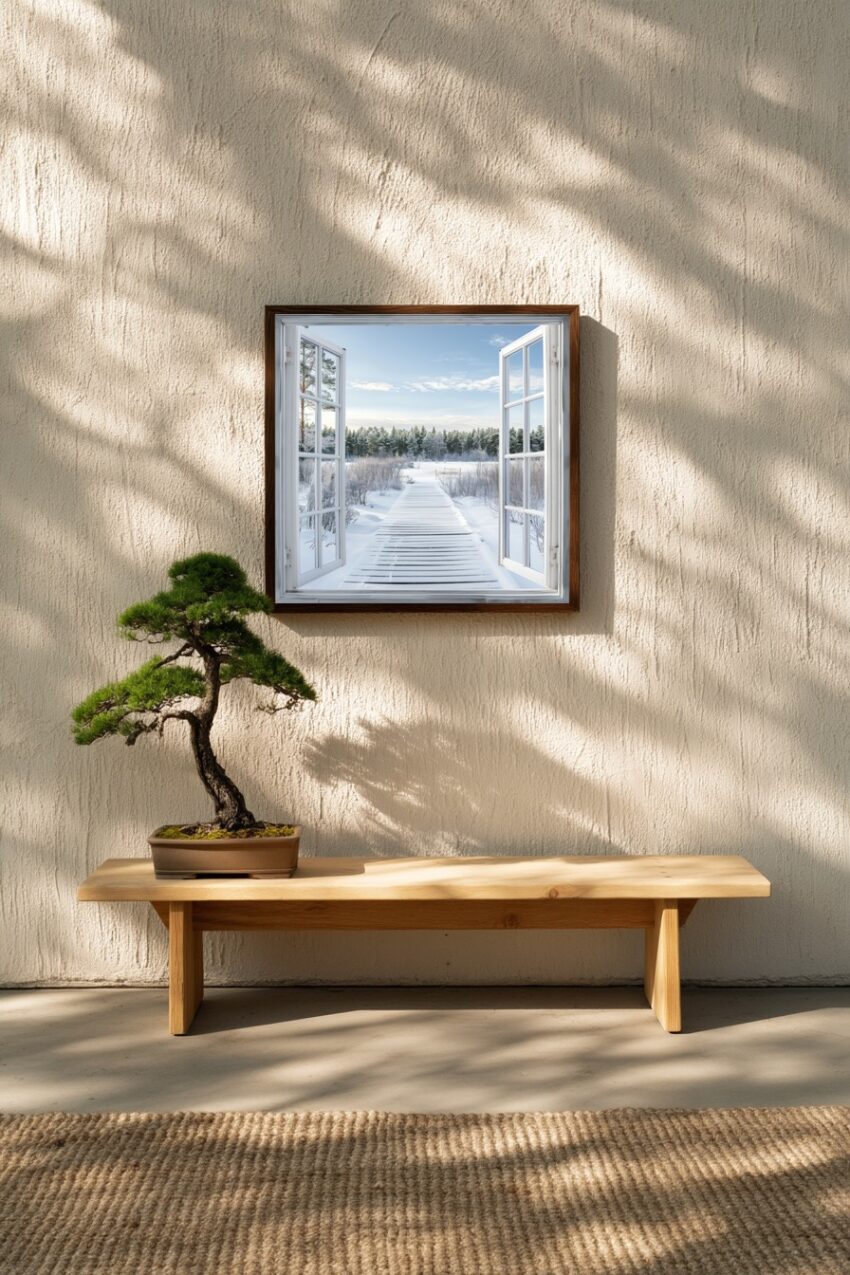 Fotografie Poster Winterweg verschneit offen Fenster