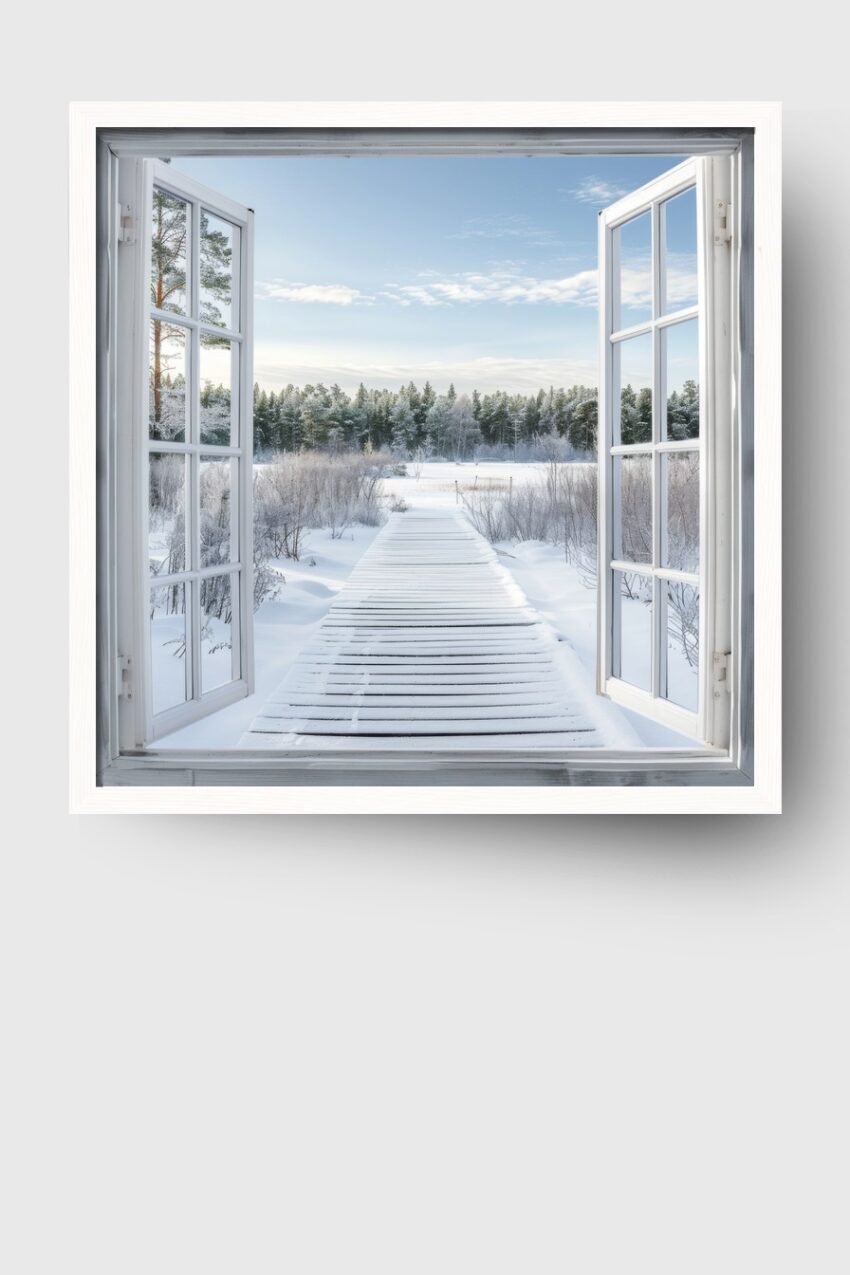 Fotografie Poster Winterweg verschneit offen Fenster