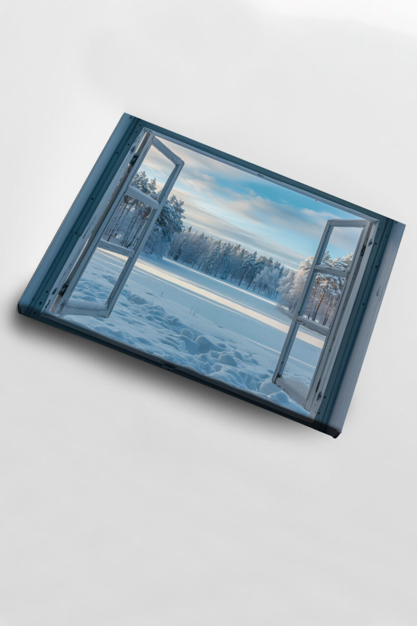 Fotografie Poster Winterlandschaft Fensterblick schneebedeckt ruhig blau