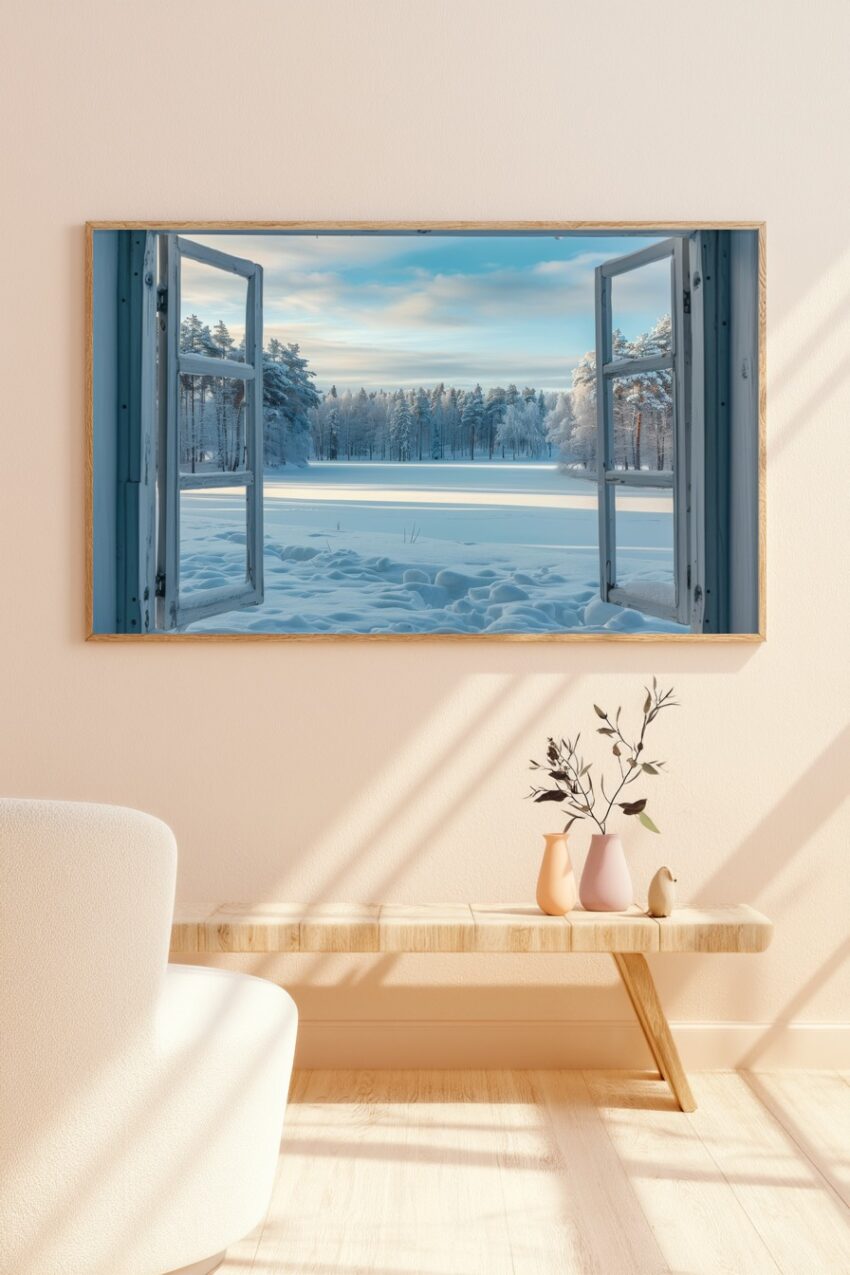 Fotografie Poster Winterlandschaft Fensterblick schneebedeckt ruhig blau