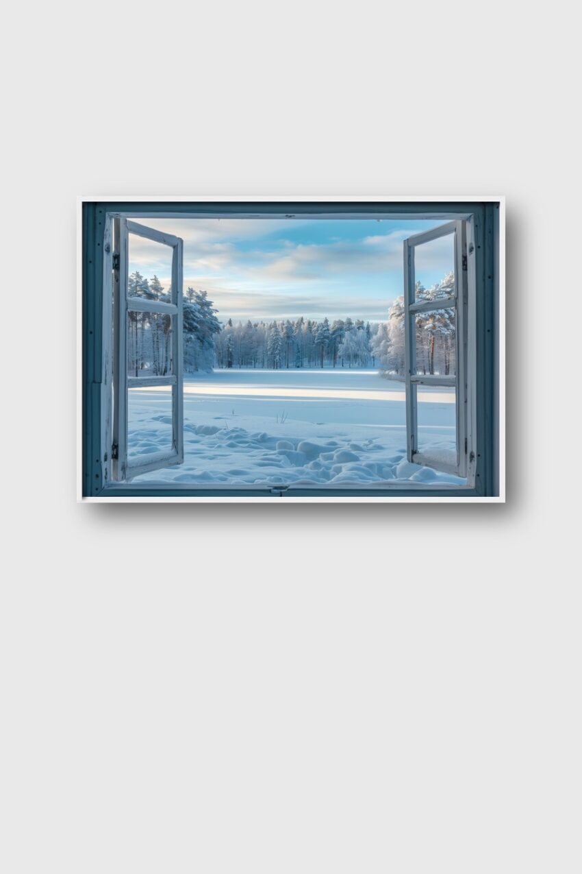 Fotografie Poster Winterlandschaft Fensterblick schneebedeckt ruhig blau
