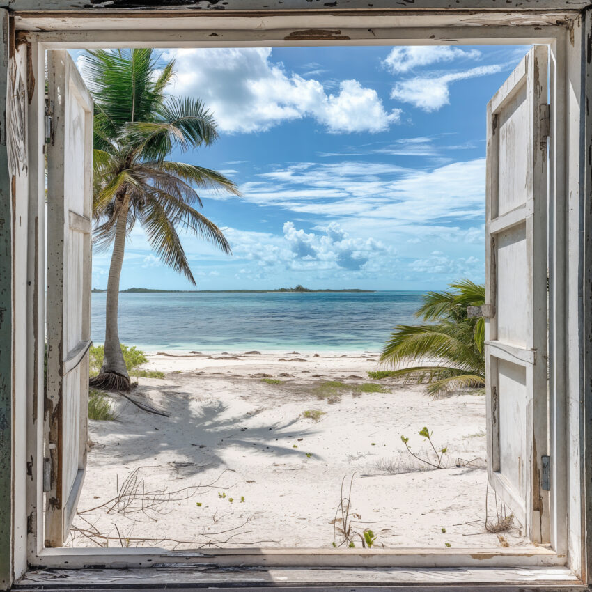 Fotografie Poster Strand Palmenschatten offenes Fenster Meer blau