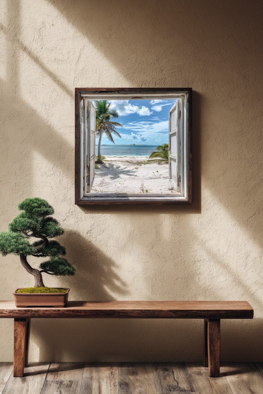 Fotografie Poster Strand Palmenschatten offenes Fenster Meer blau