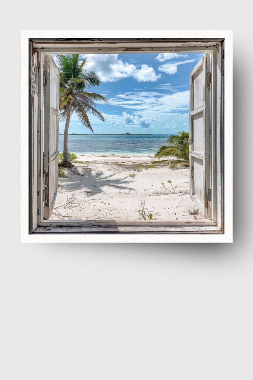 Fotografie Poster Strand Palmenschatten offenes Fenster Meer blau