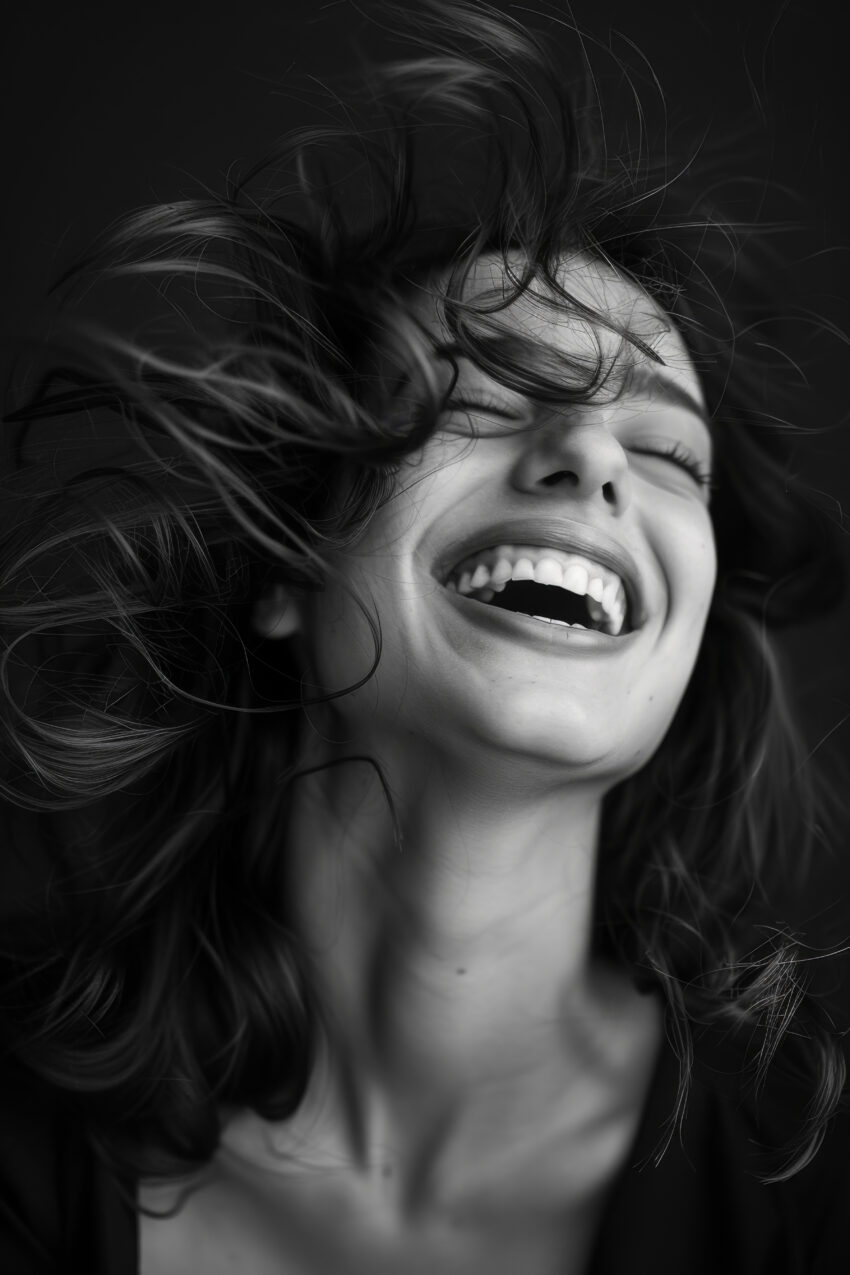 Fotografie Poster lachendes Gesicht Haare schwarz-weiß