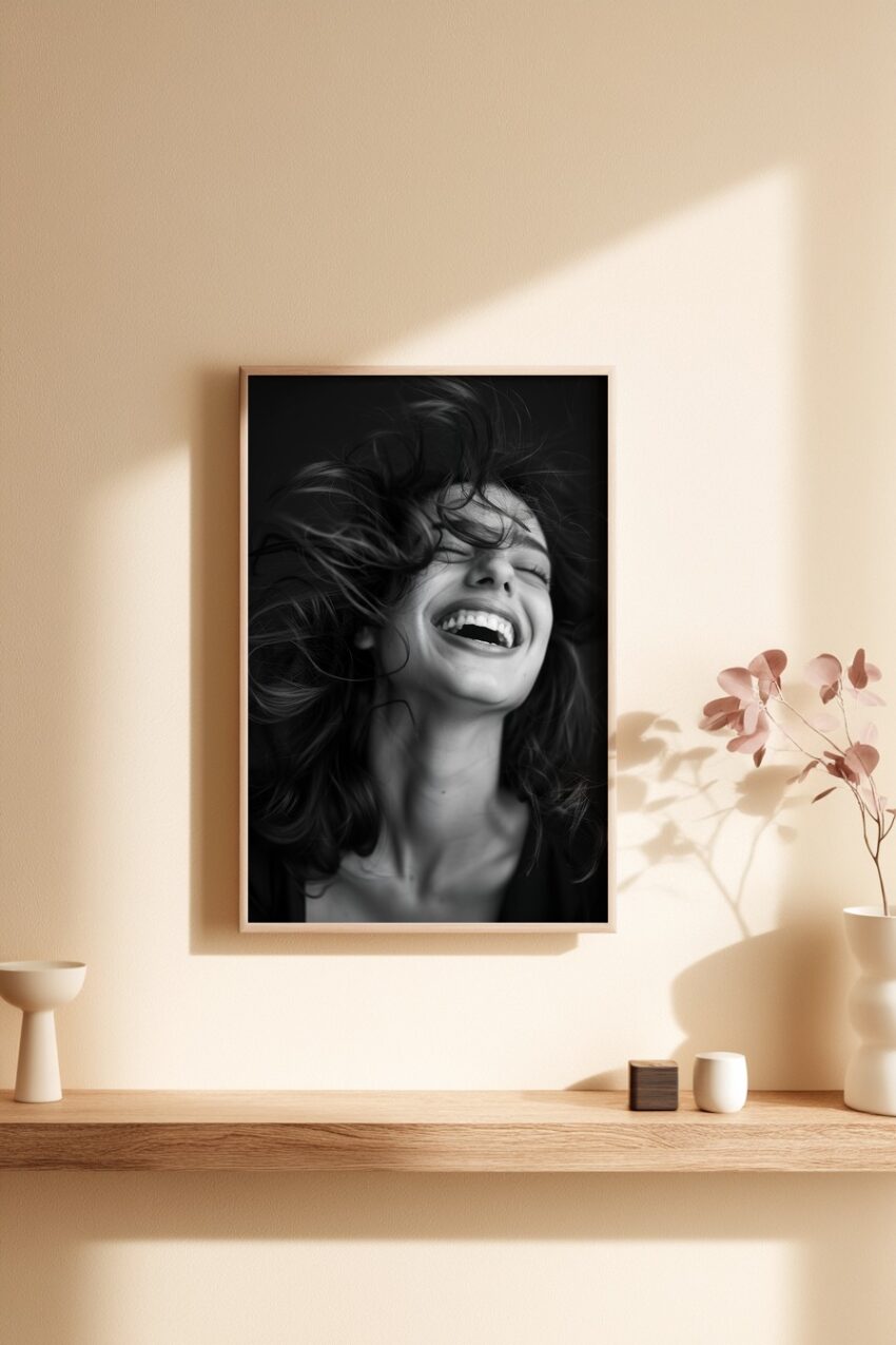 Fotografie Poster lachendes Gesicht Haare schwarz-weiß