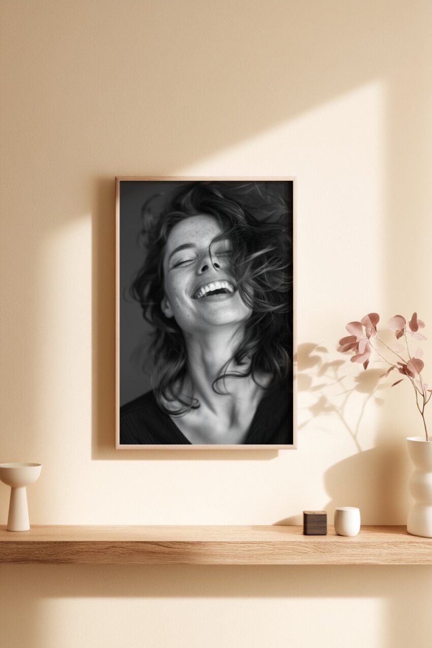 Fotografie Poster Frau lachend Schwarz-Weiß intensiv