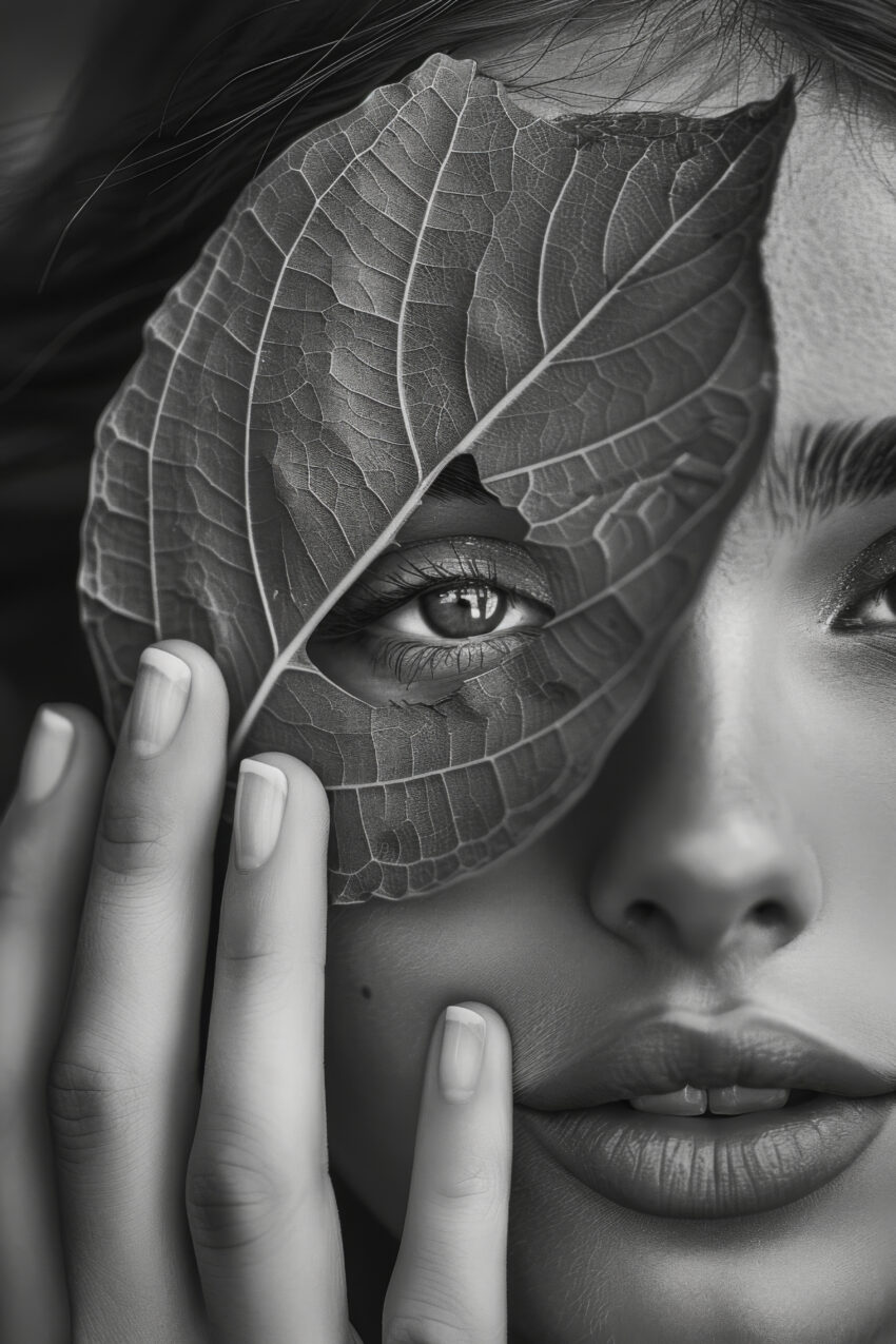 Fotografie Poster Blatt Auge Hand schwarz-weiß