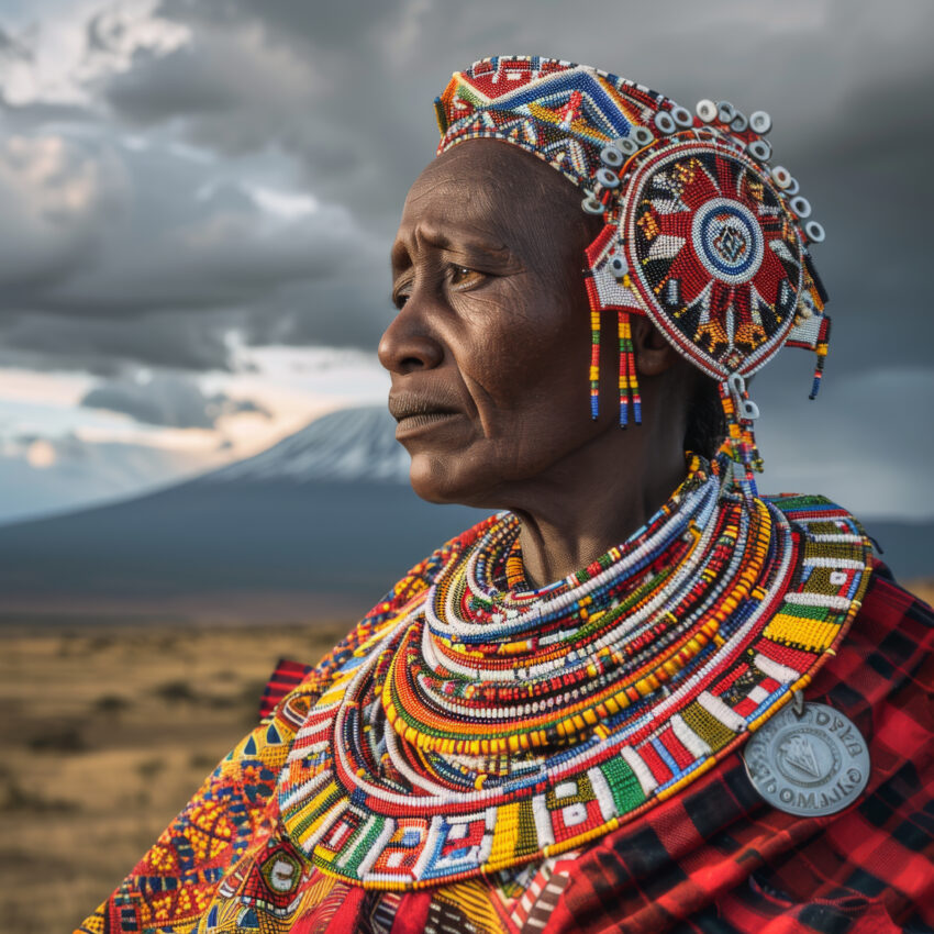 Fotografie Poster Maasai Frau Perlenkragen traditionell farbig