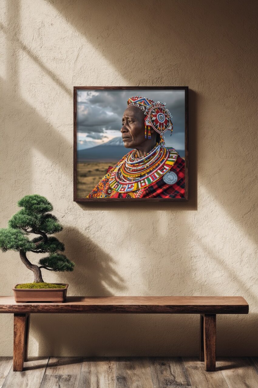 Fotografie Poster Maasai Frau Perlenkragen traditionell farbig