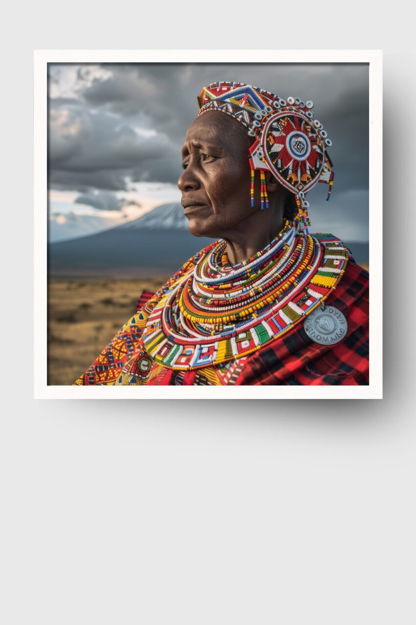 Fotografie Poster Maasai Frau Perlenkragen traditionell farbig