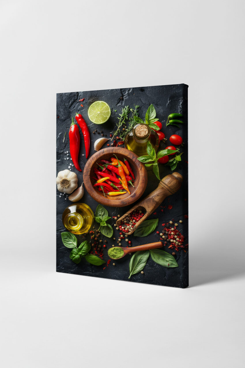 Fotografie Poster Chili Holzschale rot gelb grün