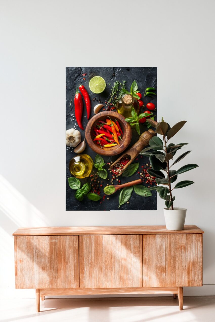 Fotografie Poster Chili Holzschale rot gelb grün