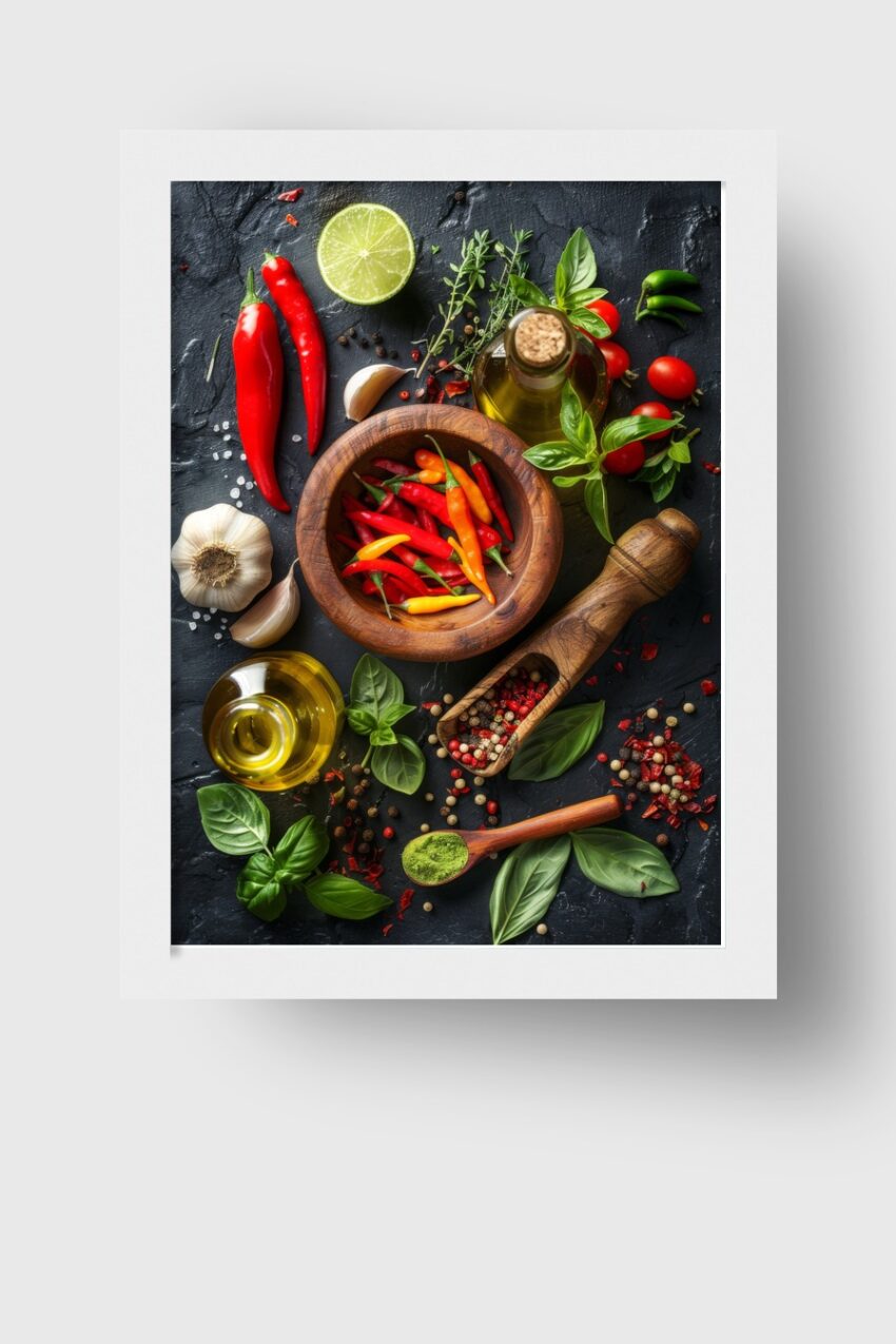 Fotografie Poster Chili Holzschale rot gelb grün