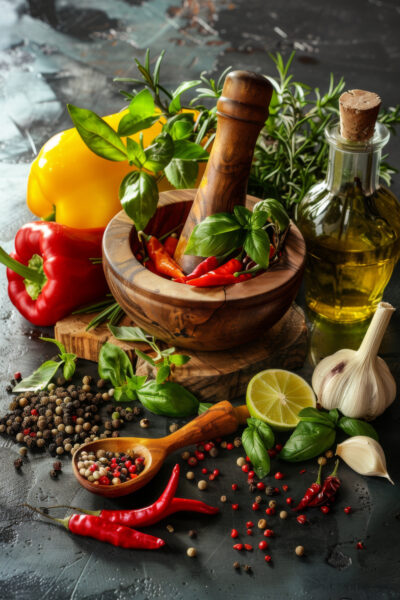 Mörser mit Kräutern Gerahmt