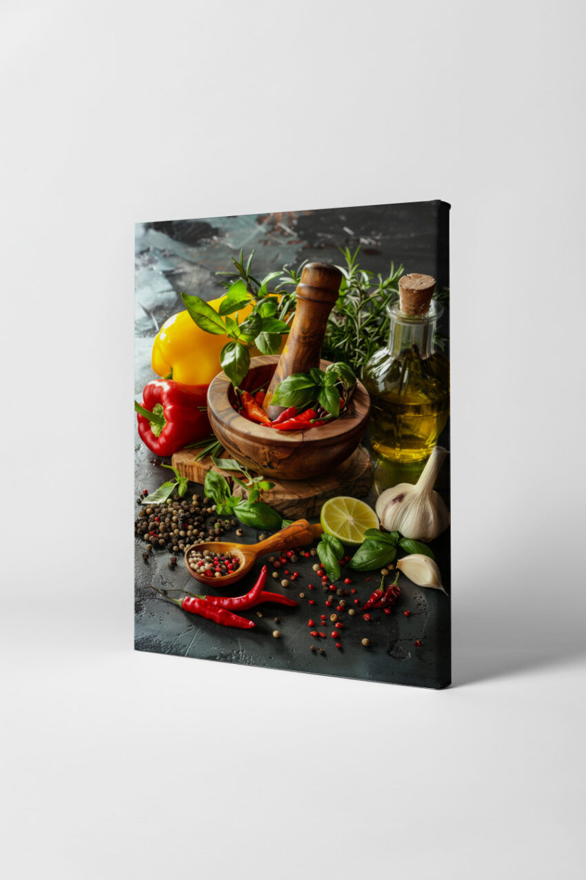 Fotografie Poster Mörser Kräuter rot grün