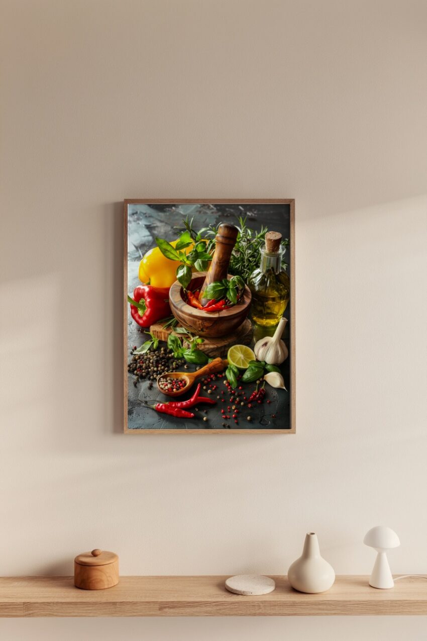 Fotografie Poster Mörser Kräuter rot grün