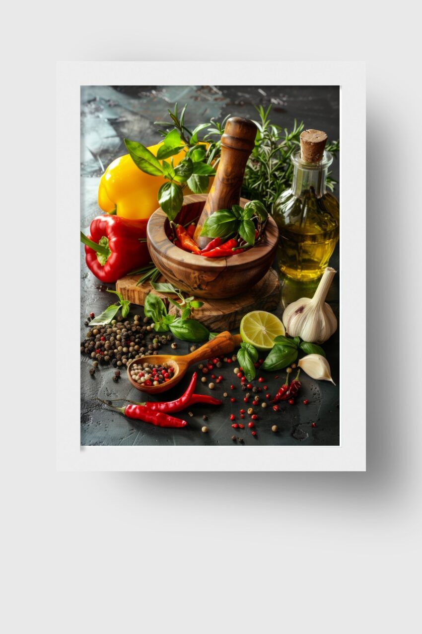 Fotografie Poster Mörser Kräuter rot grün