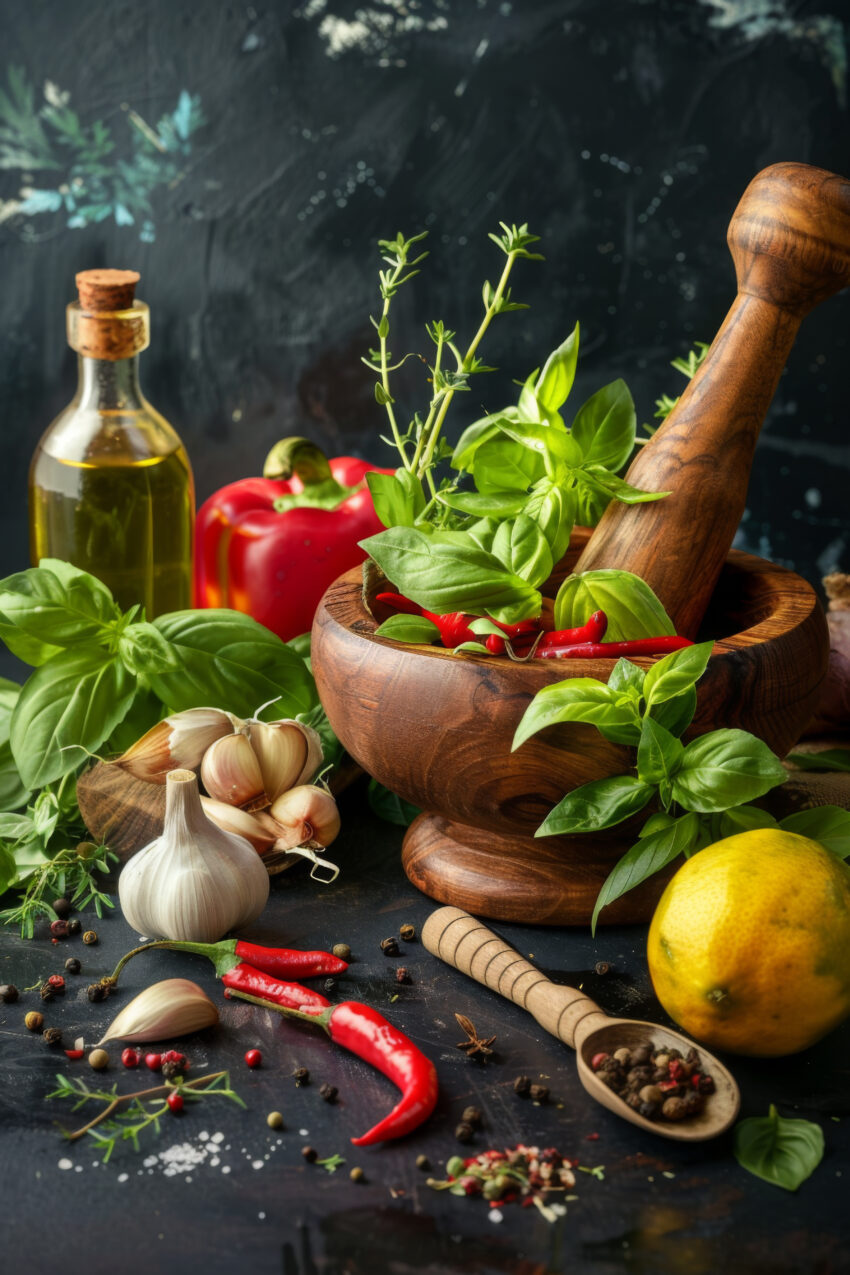 Fotografie Poster Mörser Kräuter Chili Holz