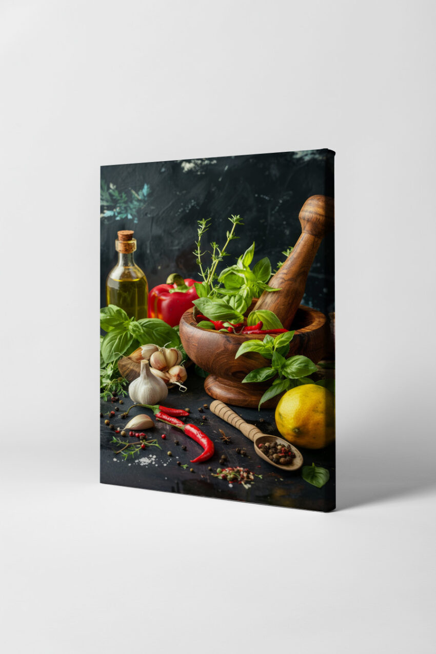 Fotografie Poster Mörser Kräuter Chili Holz