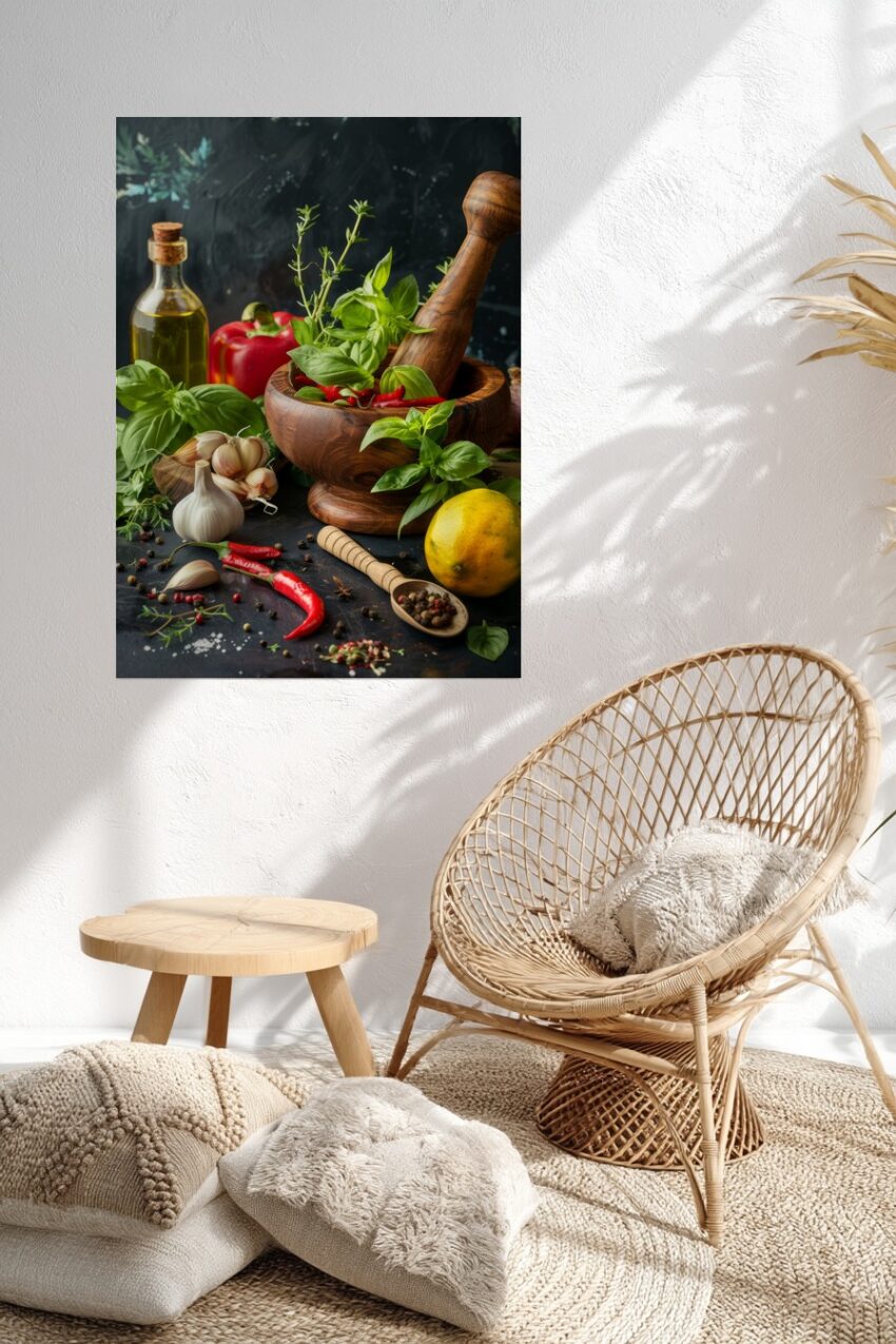 Fotografie Poster Mörser Kräuter Chili Holz