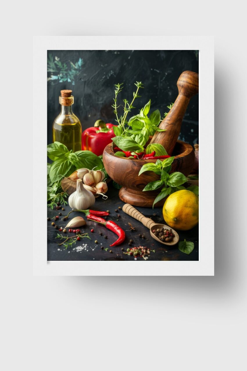 Fotografie Poster Mörser Kräuter Chili Holz