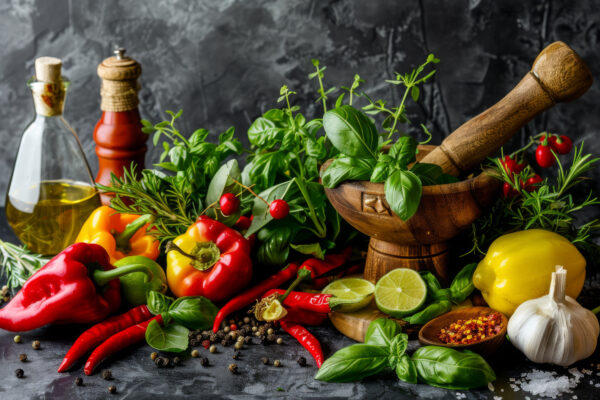 Paprika und Kräuter Leinwandbild