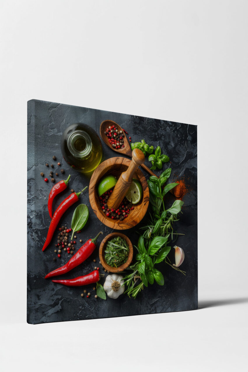 Fotografie Poster Gewürze farbig Holzschale rot grün