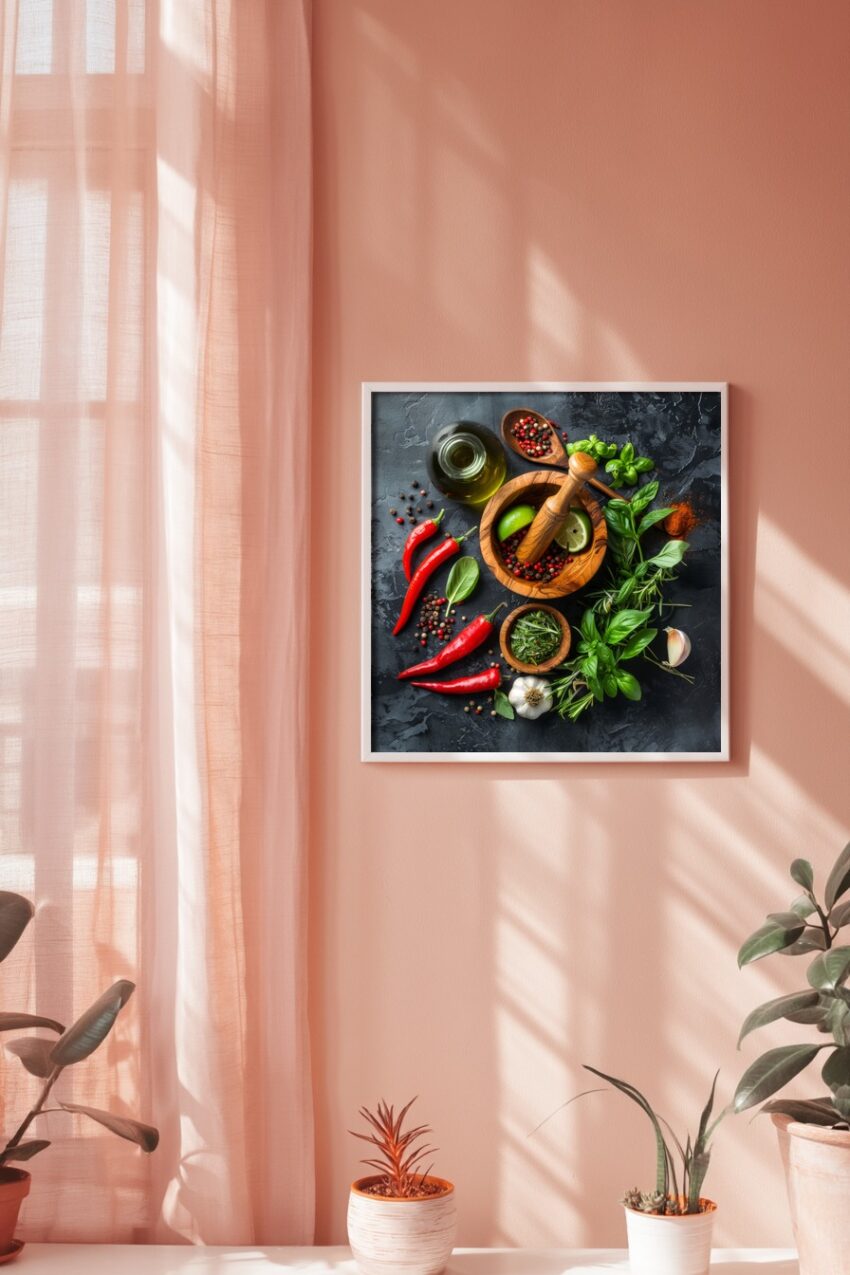 Fotografie Poster Gewürze farbig Holzschale rot grün