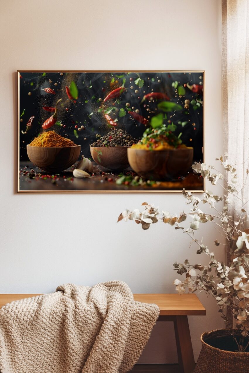 Fotografie Poster Gewürze dynamisch fliegend bunt