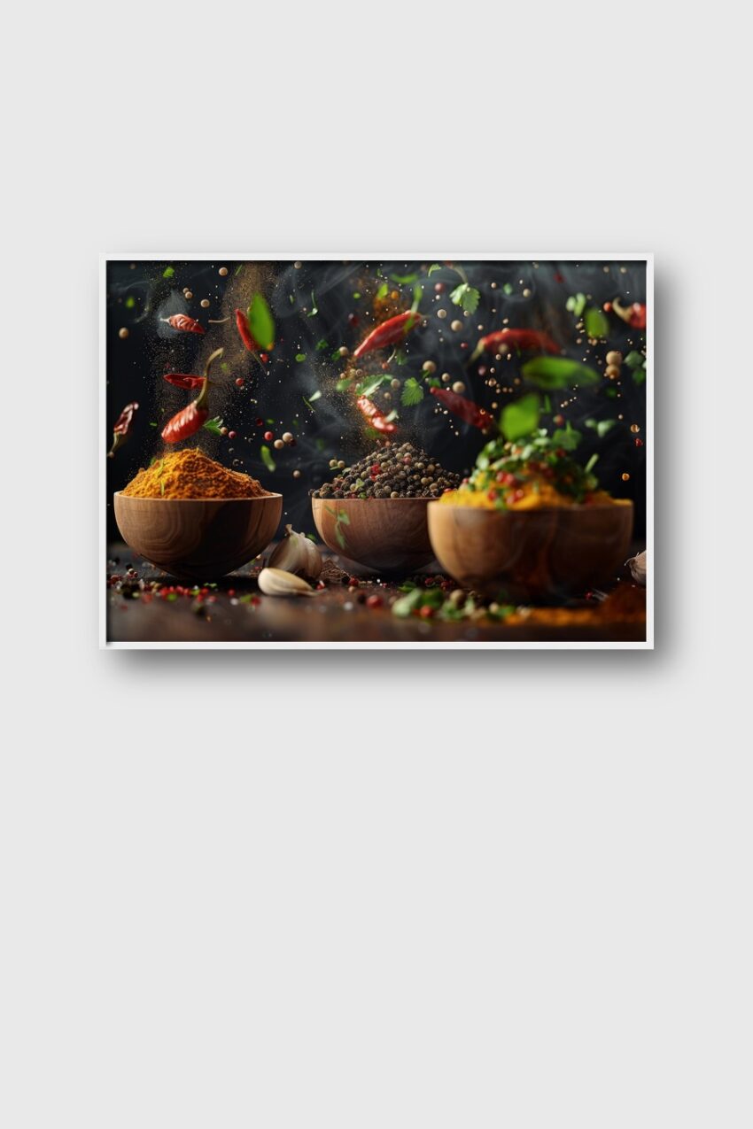 Fotografie Poster Gewürze dynamisch fliegend bunt