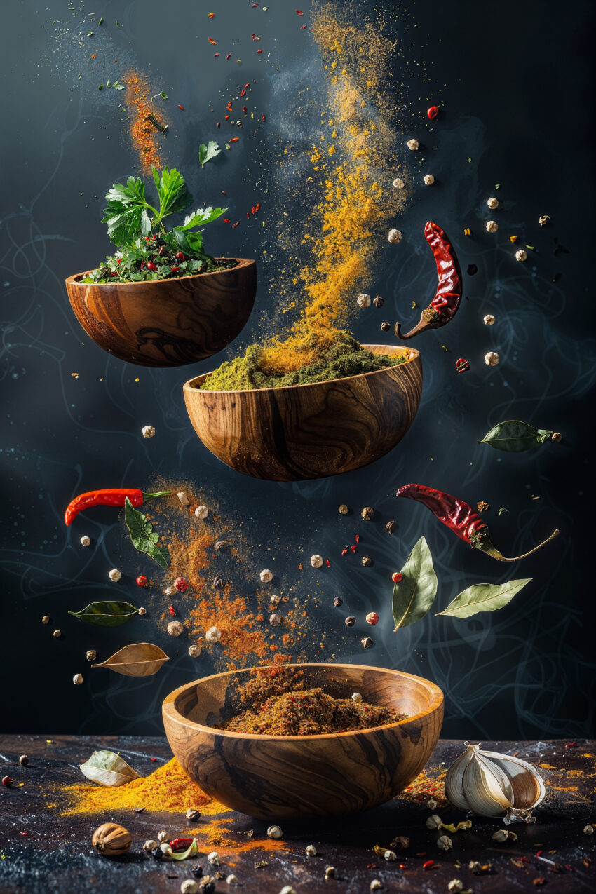 Fotografie Poster Gewürz Pulver orange grün chili