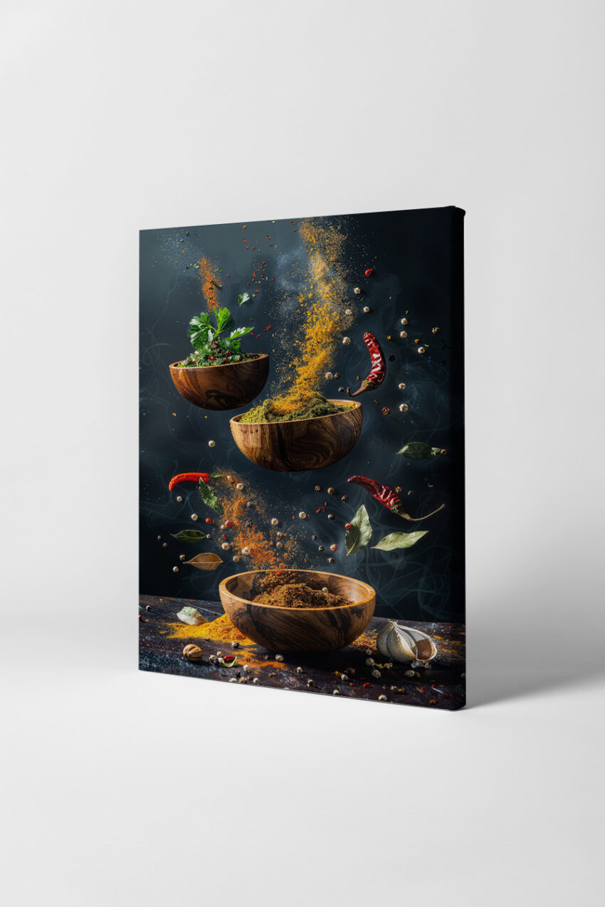 Fotografie Poster Gewürz Pulver orange grün chili