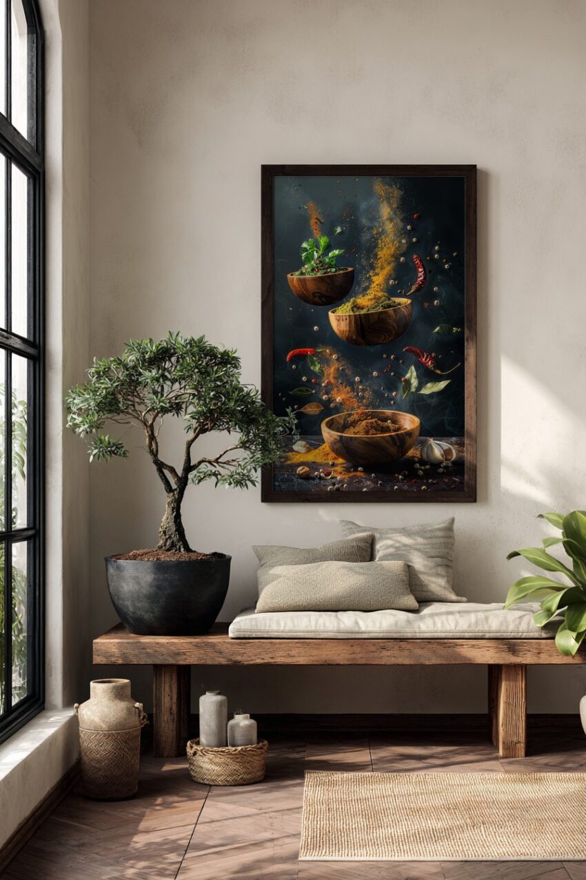 Fotografie Poster Gewürz Pulver orange grün chili