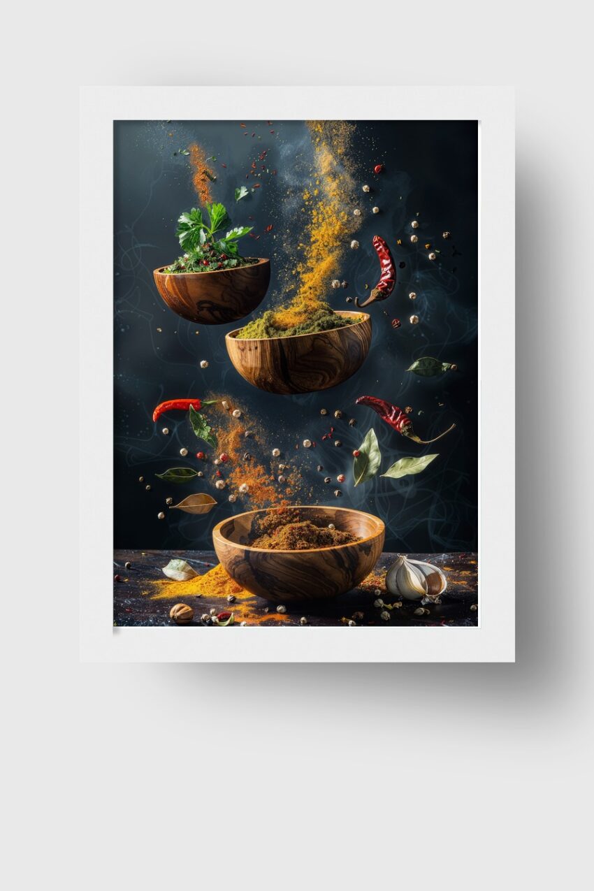 Fotografie Poster Gewürz Pulver orange grün chili