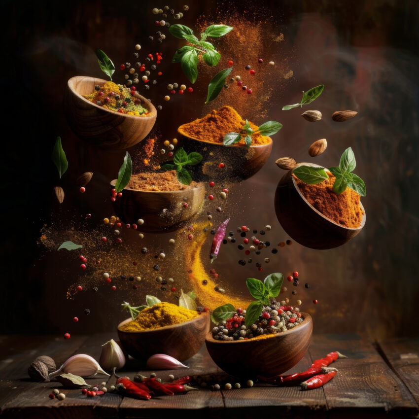 Fotografie Poster Gewürzschalen fliegend Pfeffer bunt aromatisch