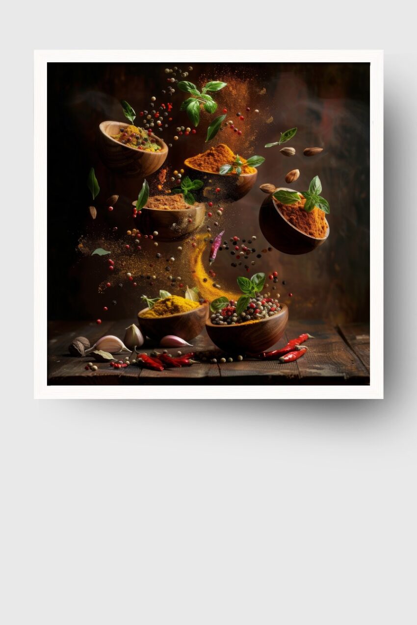 Fotografie Poster Gewürzschalen fliegend Pfeffer bunt aromatisch