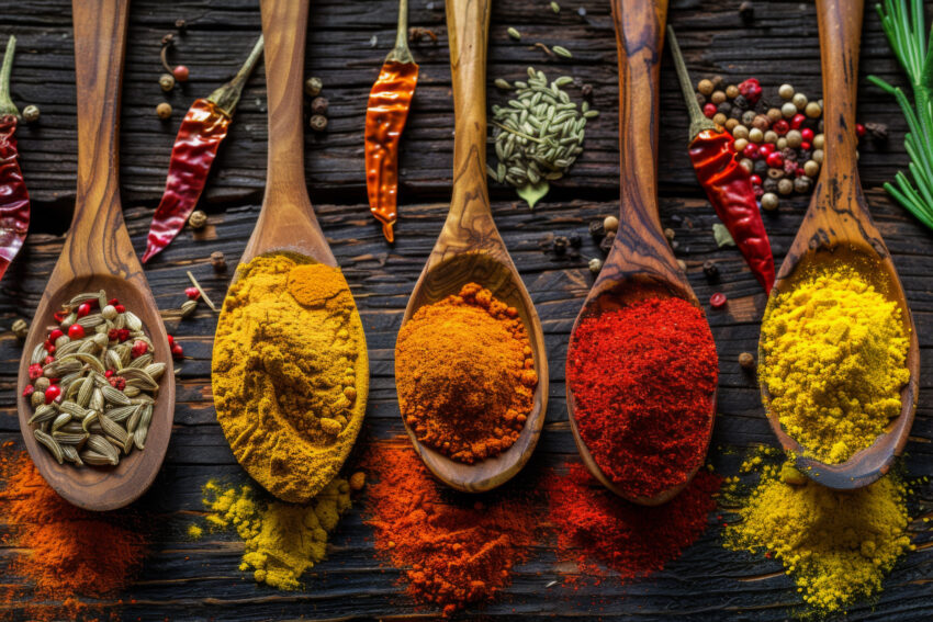 Fotografie Poster Gewürze bunt Holzlöffel