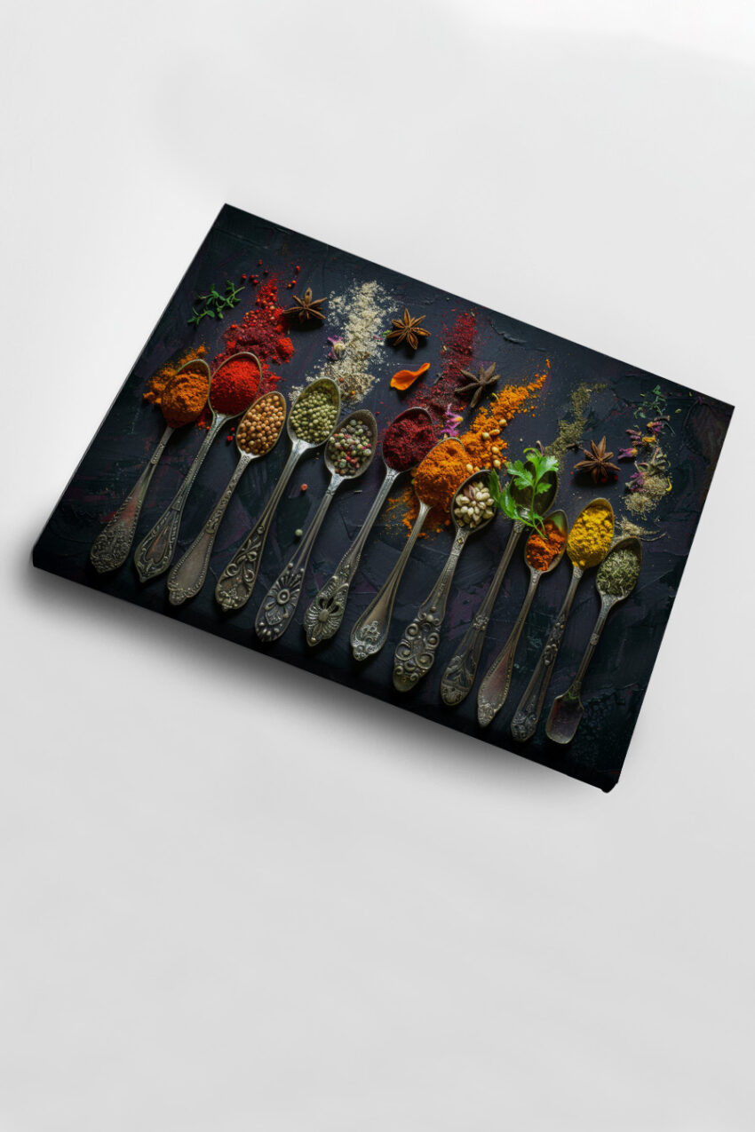 Fotografie Poster Gewürzlöffel bunt Arrangement auf dunklem Grund