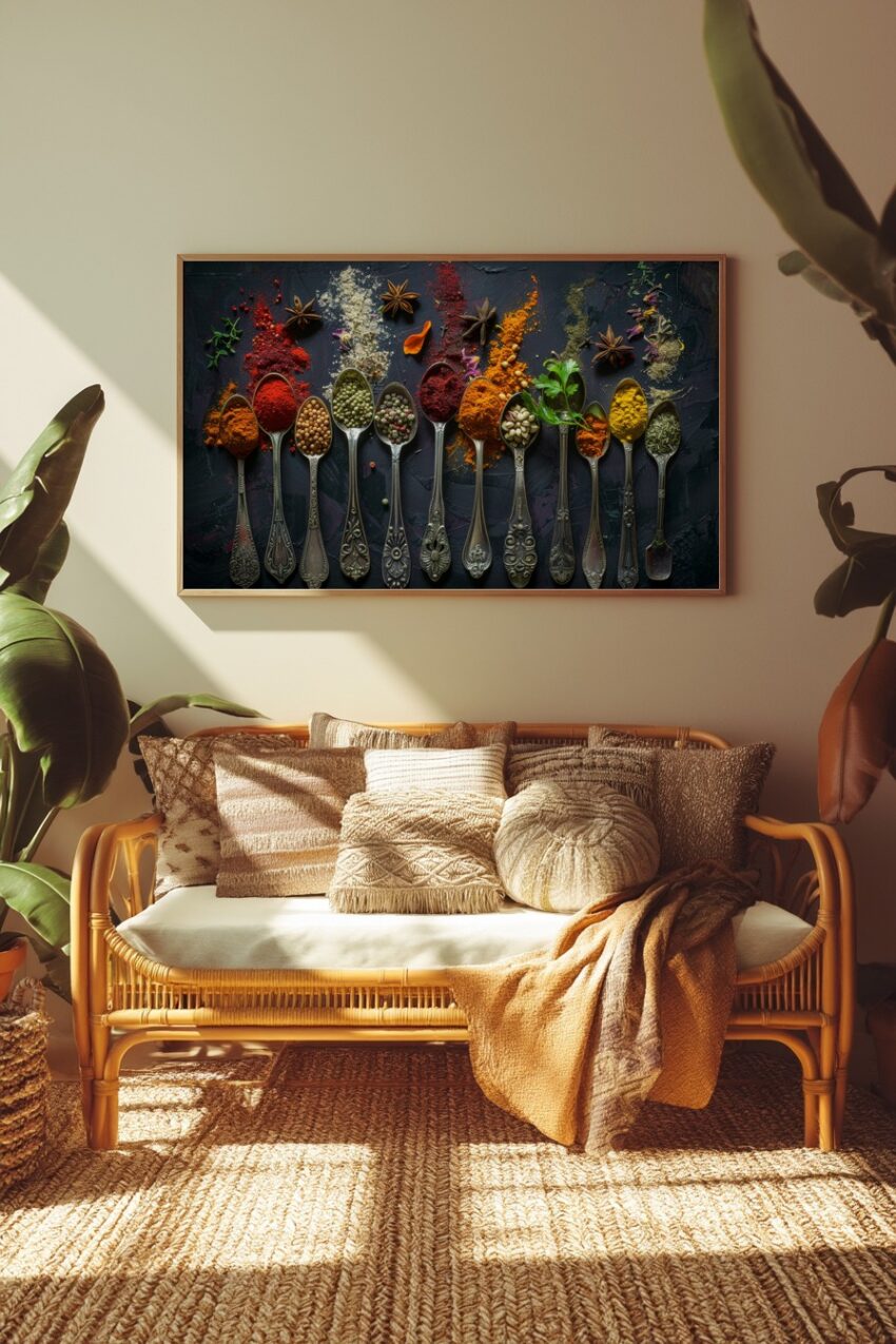 Fotografie Poster Gewürzlöffel bunt Arrangement auf dunklem Grund