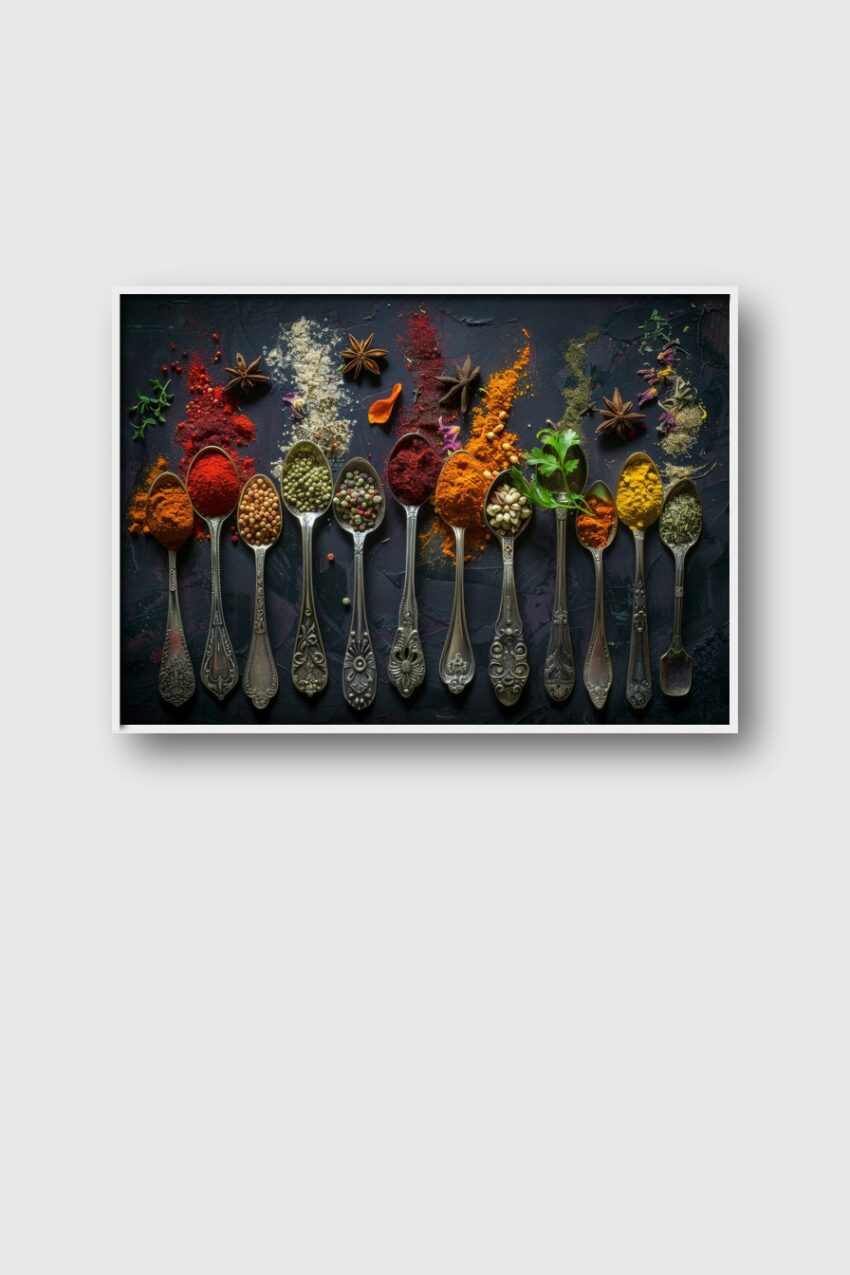 Fotografie Poster Gewürzlöffel bunt Arrangement auf dunklem Grund