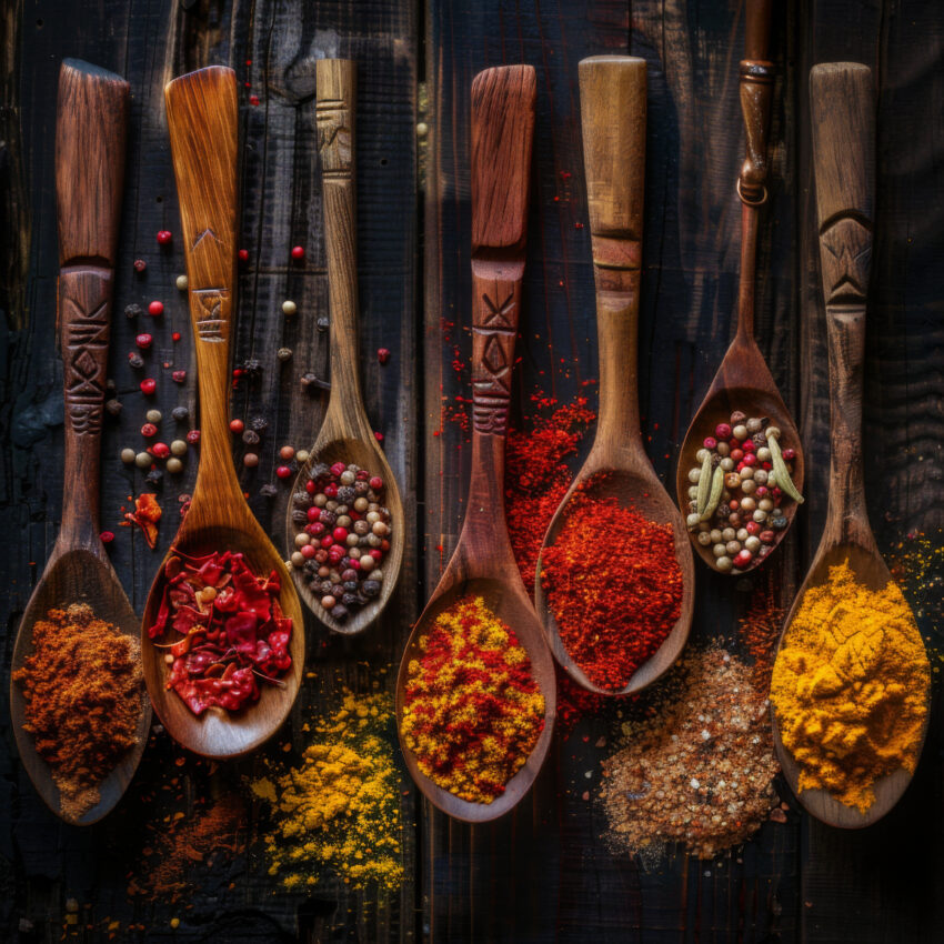 Fotografie Poster Gewürzlöffel bunt warme Erdtöne Holz