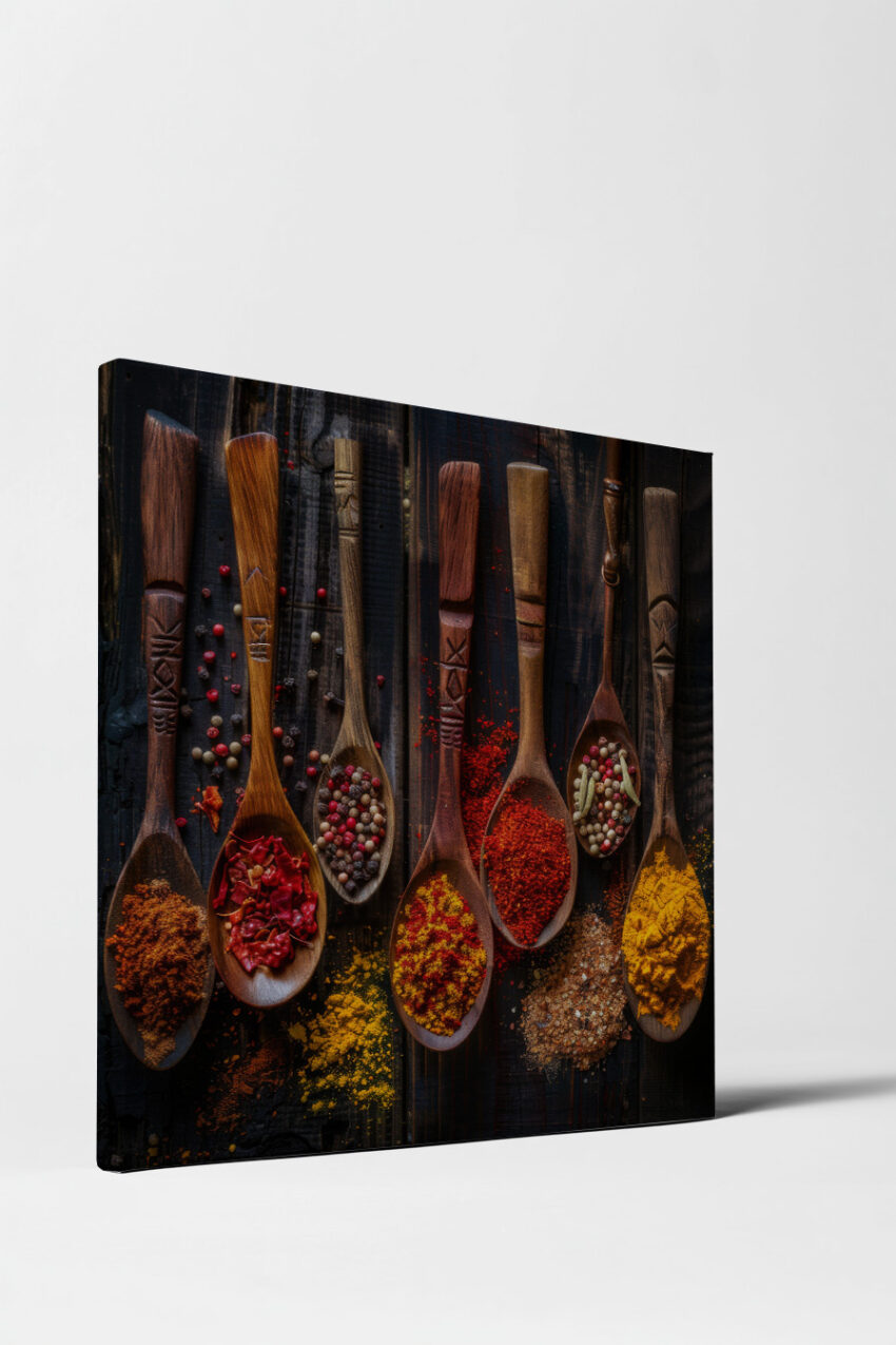Fotografie Poster Gewürzlöffel bunt warme Erdtöne Holz